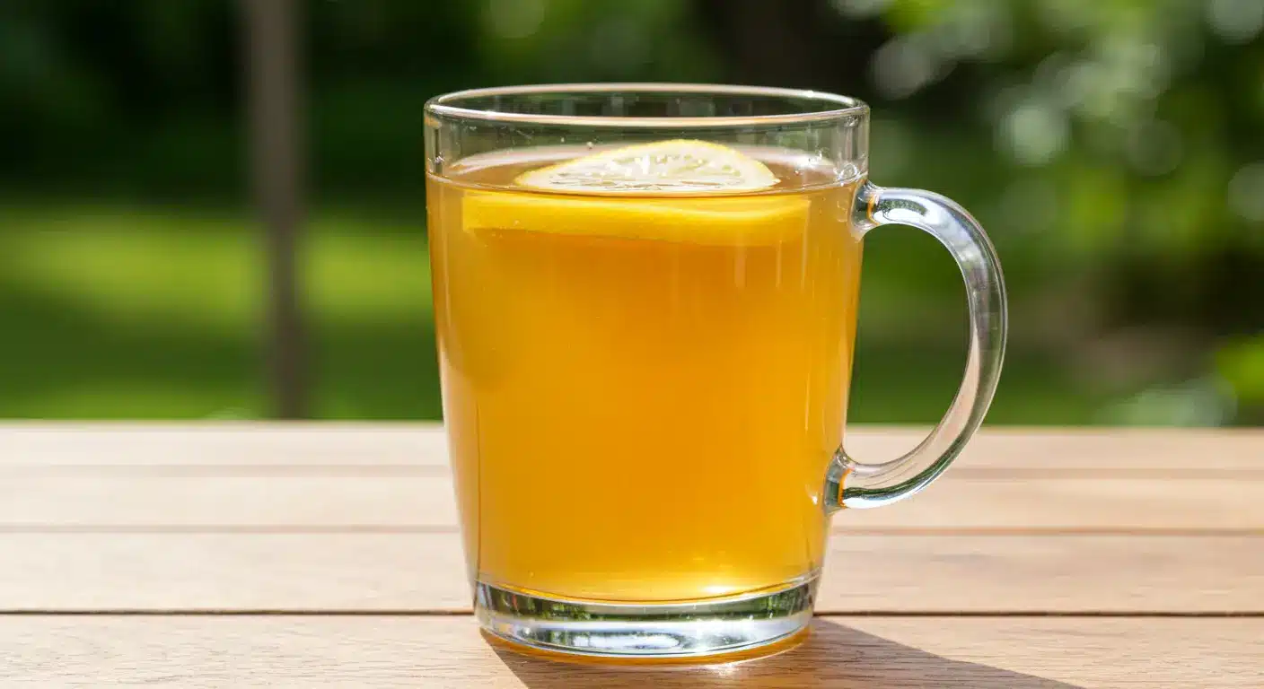 Natural Zepbound recipe drink with lemon slice in clear glass mug at 45 degree angle on rustic wooden table