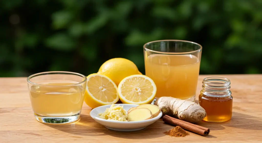 Natural Zepbound recipe ingredients apple cider vinegar lemon ginger honey and cinnamon on rustic wooden table