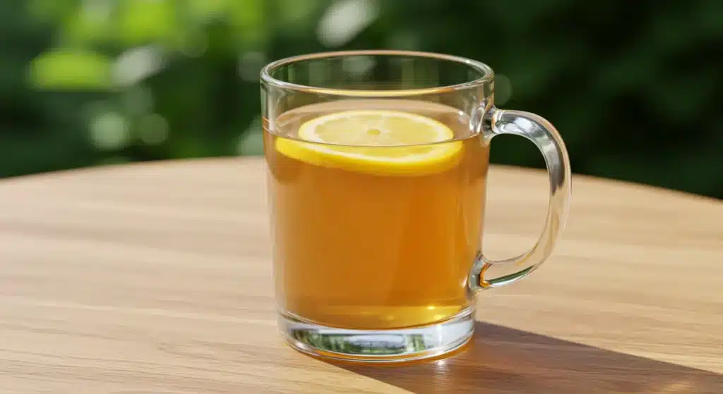Natural Zepbound recipe finished drink with golden liquid and floating lemon slice in a clear glass mug on a rustic wooden table in warm natural sunlight with soft greenery in the background.
