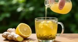 Natural Zepbound recipe 45-degree close-up of green tea in a clear glass mug with apple cider vinegar poured, lemon juice dripping, and ginger added on rustic wooden table.