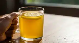Natural Zepbound recipe 45-degree close-up of golden drink with floating lemon slice in a clear glass mug held by hand on rustic wooden table in natural sunlight.