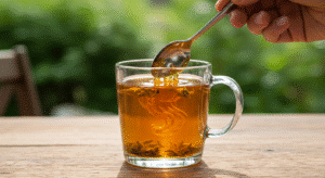Natural Zepbound recipe 45-degree close-up of clear glass mug with warm tea mixture as raw honey is stirred in with a silver spoon on rustic wooden table in natural sunlight.