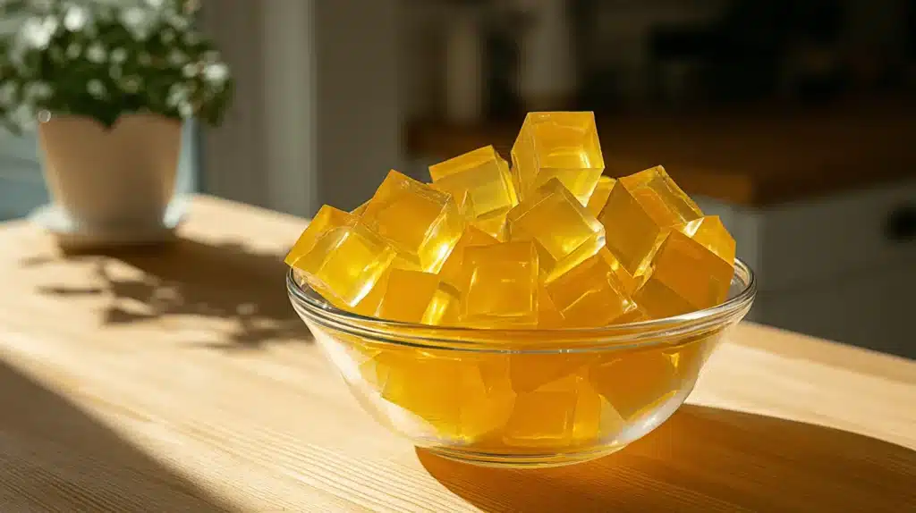 Vibrant yellow gelatin cubes in a glass bowl, suggesting a delicious gelatin trick weight loss recipe, on a sunlit wooden counter.