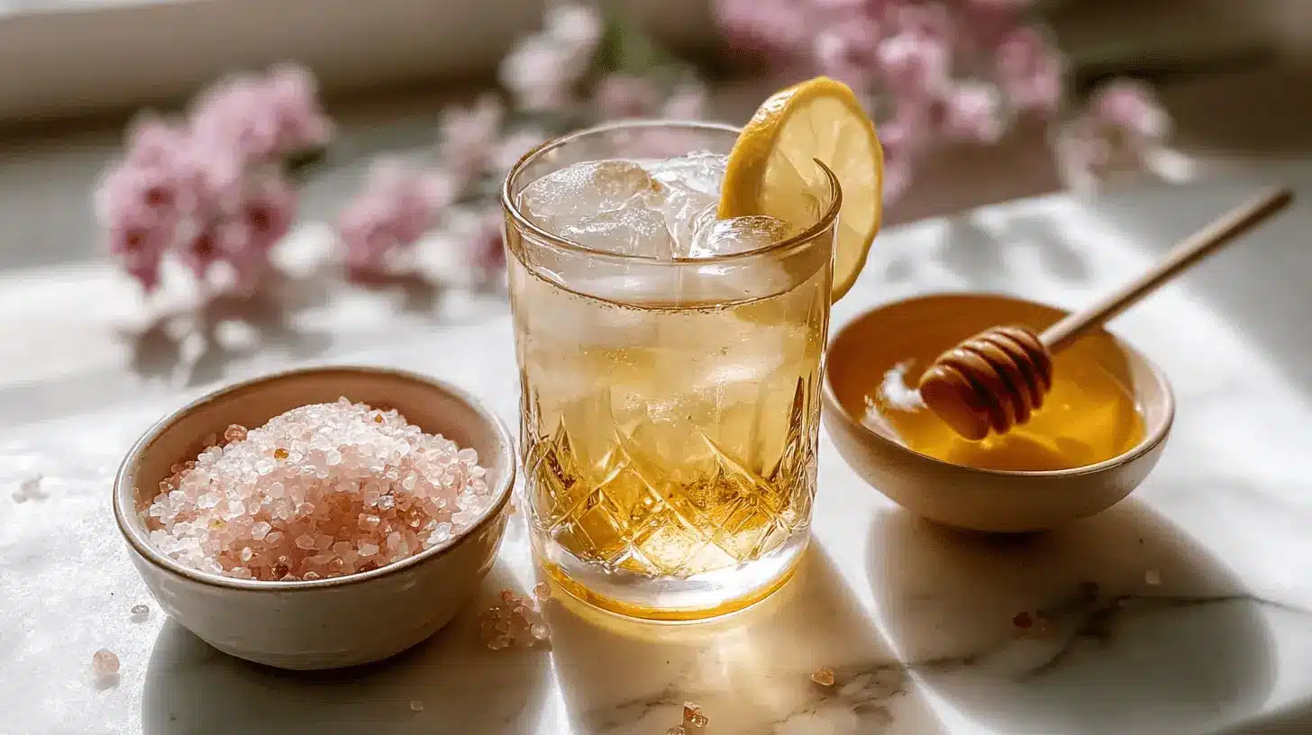Japanese Pink Salt Recipe: The Ultimate Natural Hydration Secret (2025 Guide) 4 Himalayan pink salt recipe, honey, and a refreshing lemon drink, perfect ingredients for a Japanese pink salt recipe.