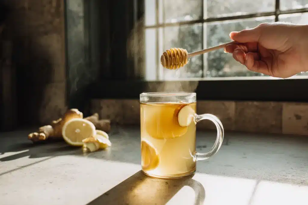 The Ultimate Honey Trick Recipe Guide for Energy, Memory, Detox & Weight Loss 4 Person stirring honey trick recipe drink with lemon and ginger in glass mug