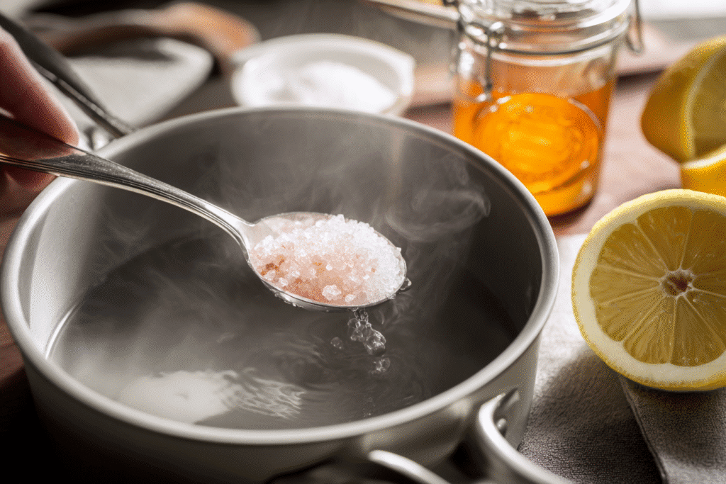 Dissolving Japanese pink salt in water for hydration drink