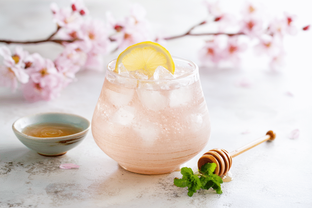 Chilled Japanese pink salt drink served with lemon and mint