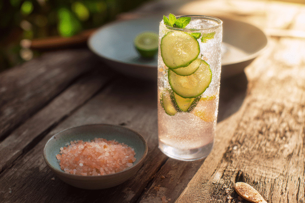Chilled Oprah Pink Salt Recipe with lemon, cucumber, and mint