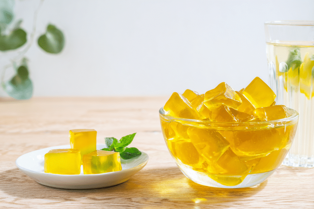 Gelatin trick weight loss cubes served in glass bowl with lemon water