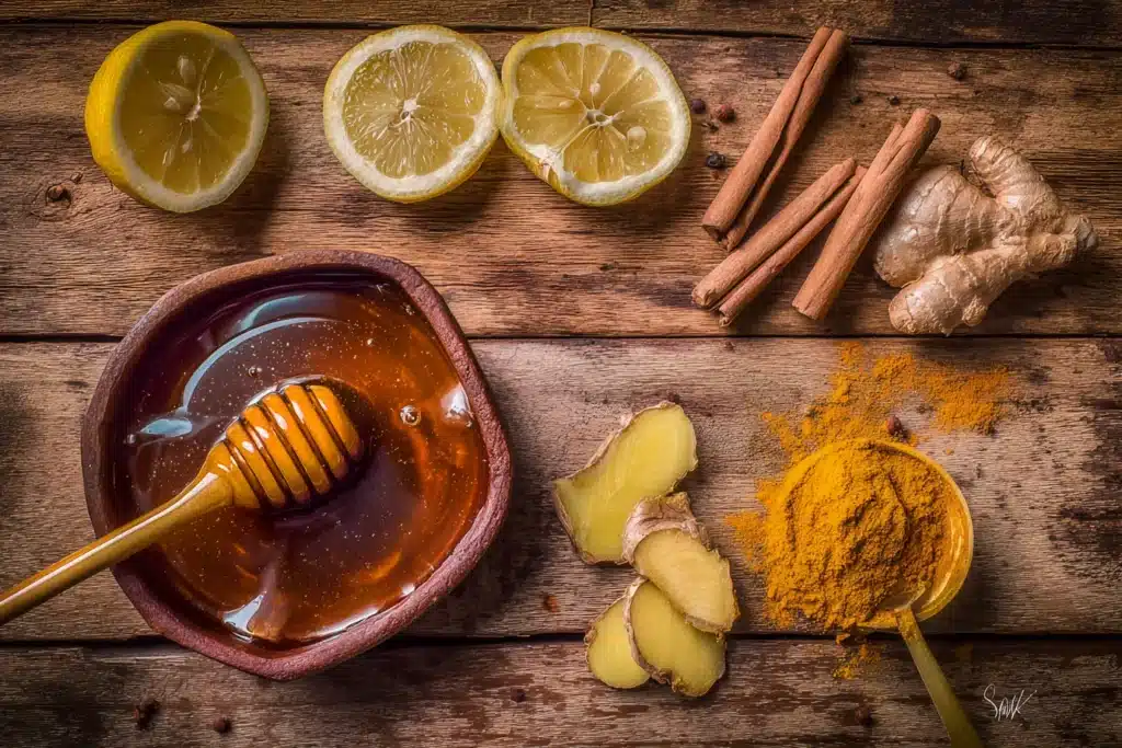 The Ultimate Honey Trick Recipe Guide for Energy, Memory, Detox & Weight Loss 1 Honey trick recipe ingredients with raw honey lemon ginger turmeric and cinnamon