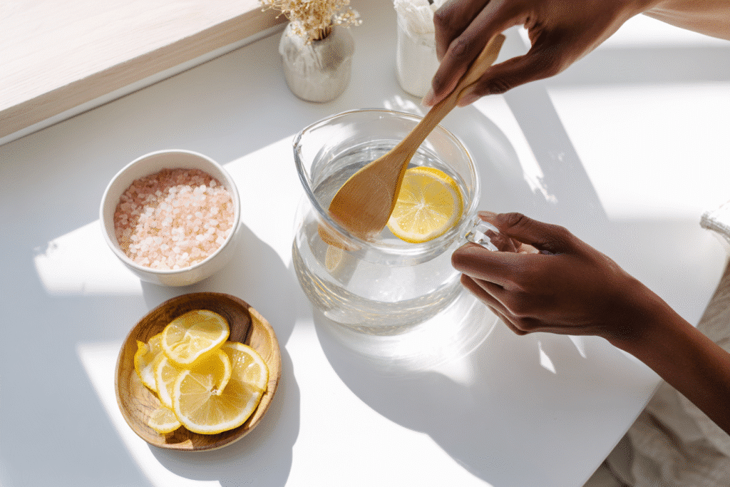 Mixing the Oprah Pink Salt Recipe with lemon and Himalayan salt