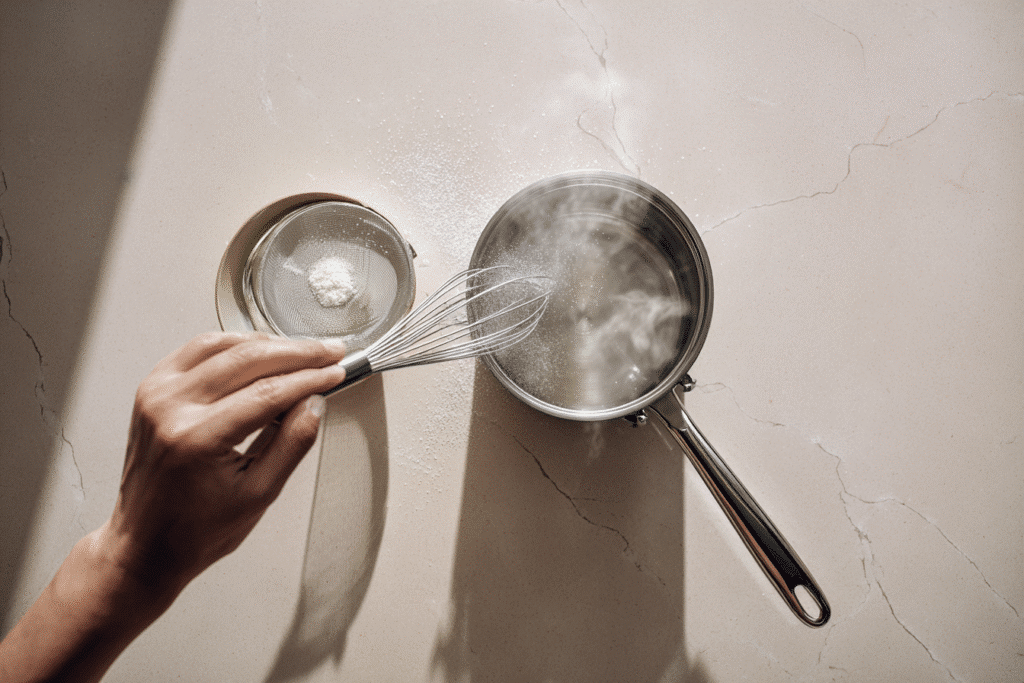 Mixing gelatin trick weight loss recipe in saucepan with whisk