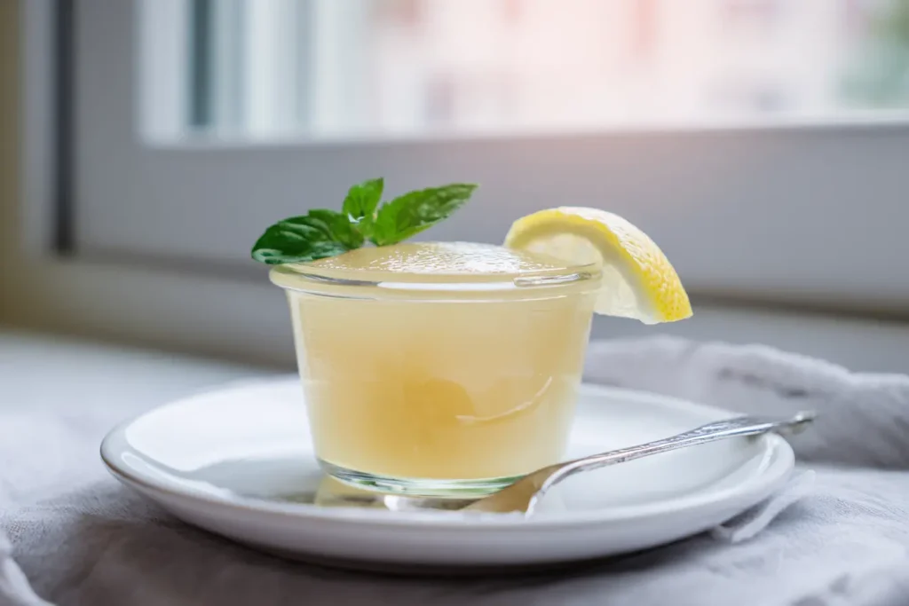 Bariatric Gelatin Recipe: Unique, Comforting Weight-Loss Treat 6 Bariatric gelatin recipe ready to eat in small glass container with lemon