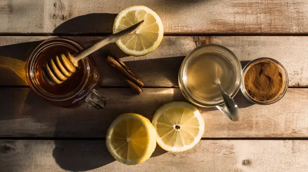 Ingredients for the Canaan honey trick including raw honey, lemon, cinnamon, and warm water.