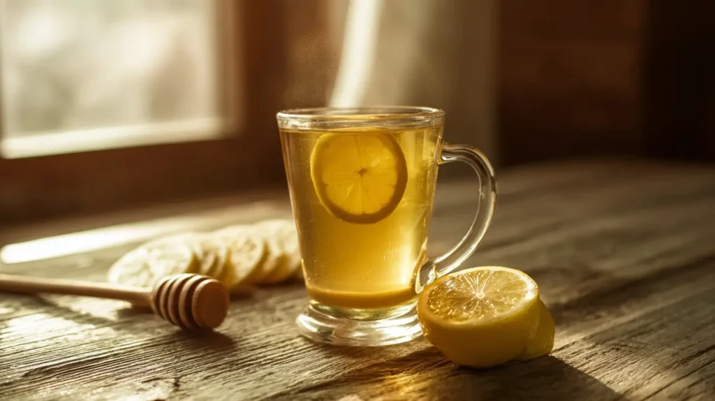 Warm Canaan honey trick drink in a clear glass mug with steam rising on a wooden table.
