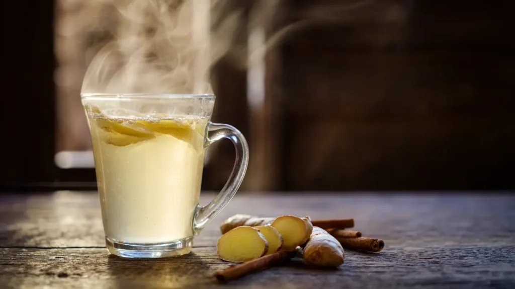 Canaan honey trick drink with ginger and cinnamon on a wooden table.