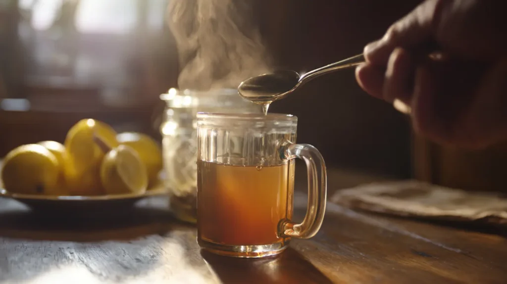Honey being stirred into warm water as part of the Canaan honey trick.