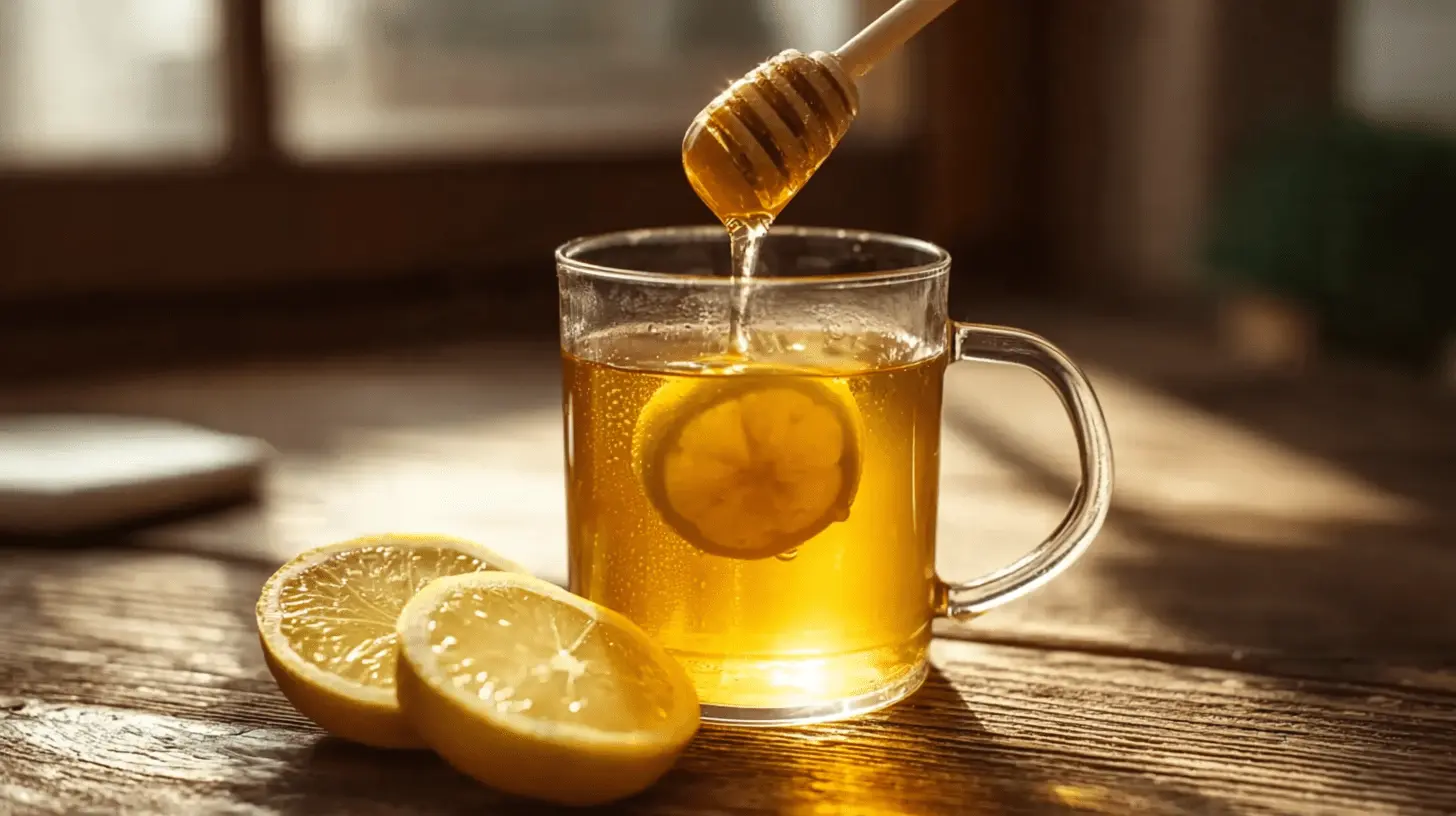 Warm mug of lemon tea with a wooden honey dipper performing the canaan honey trick as golden honey drips into the drink.