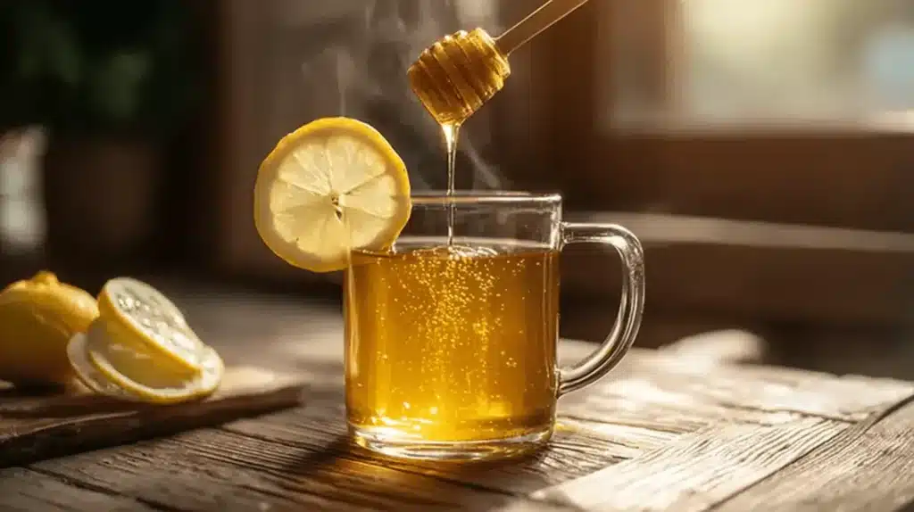 A warm lemon and honey drink being prepared, illustrating a soothing 'canaan honey trick' for comfort.