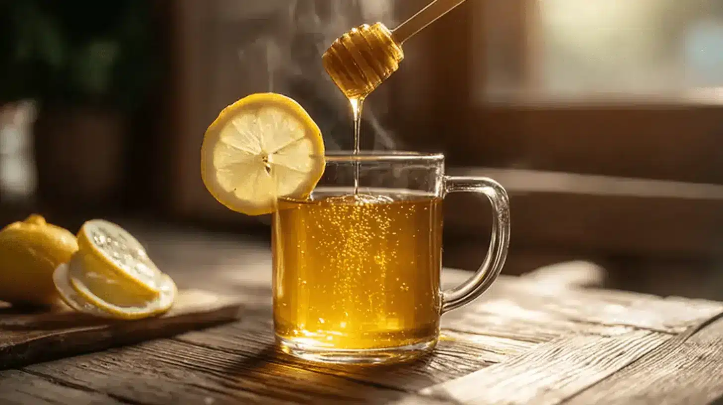 A warm lemon and honey drink being prepared, illustrating a soothing 'canaan honey trick' for comfort.