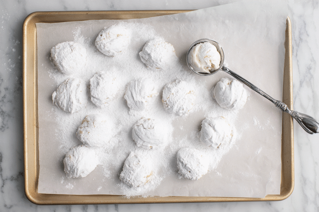 Scooping Cool Whip cookie dough on marble counter