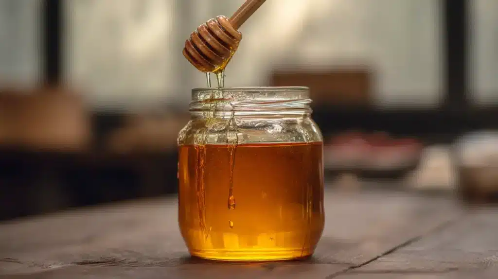 Dr Thomas Weigel Canaan Honey jar on a rustic wooden kitchen table